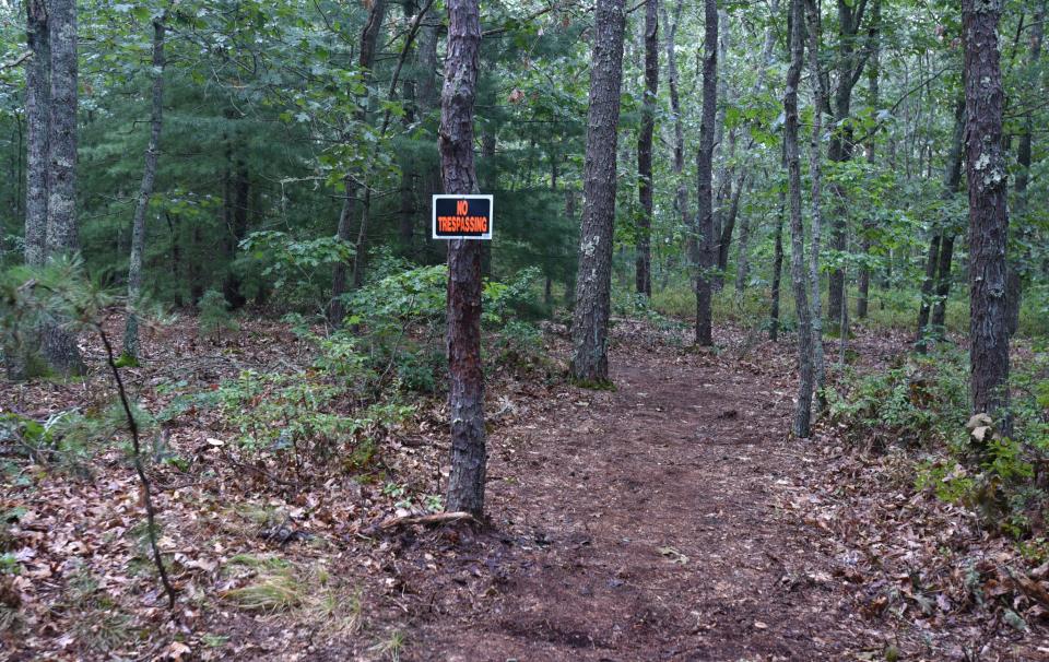 A path at 39 Fox Island Road in Osterville leads through woods to Bog Pond. The four-acre undeveloped parcel has been donated to the Osterville Village Library, which intends to sell the land to bolster the library's endowment fund.