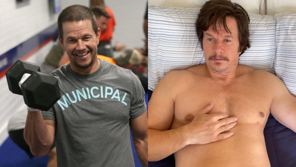 Mark Wahlberg followed an extreme diet to gain weight for his role in boxing movie &#39;Stu&#39;. (Phillip Faraone/Getty Images/F45 Training/Instagram/Mark Wahlberg)