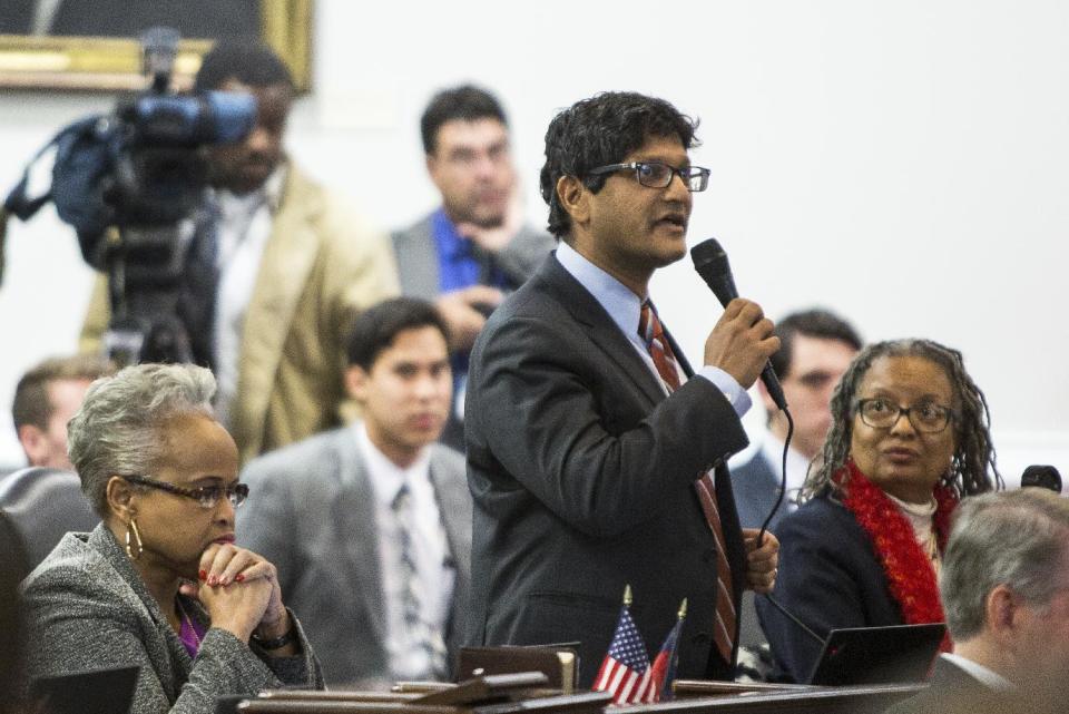 State Sen. Jay Chaudhuri, D-Wake, speaks on the senate floor during a special session of the North Carolina General Assembly called to consider repeal of NC HB2 in Raleigh, N.C., Wednesday, Dec. 21, 2016. North Carolina's legislature reconvened to see if enough lawmakers are willing to repeal a 9-month-old law that limited LGBT rights, including which bathrooms transgender people can use in public schools and government buildings. (AP Photo/Ben McKeown)