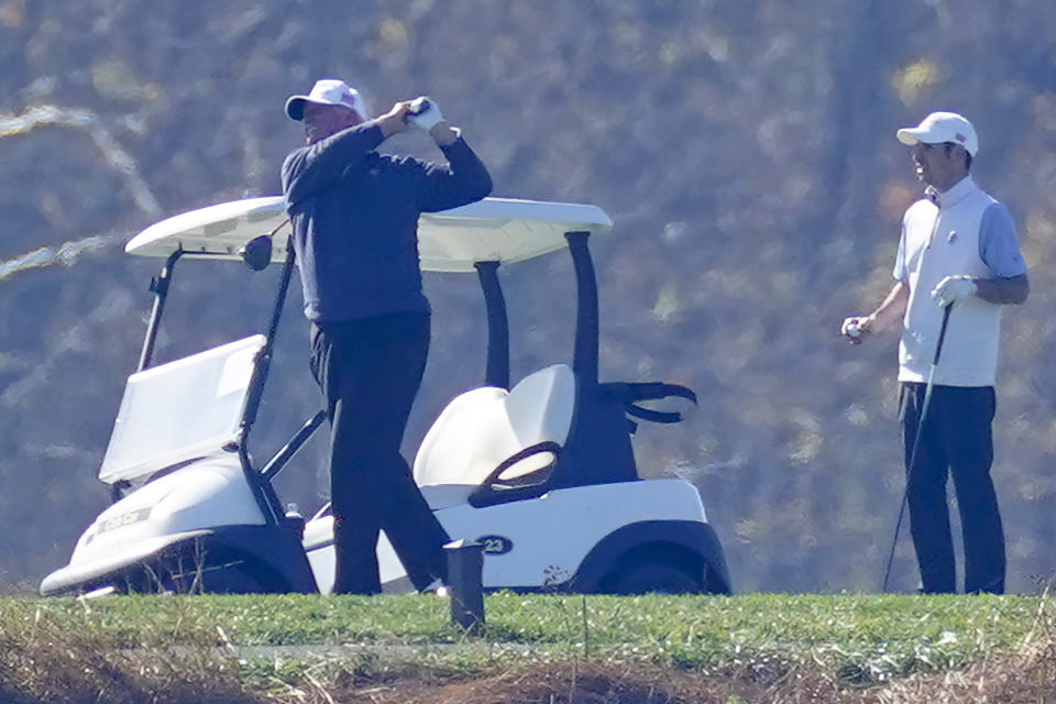 President Donald Trump plays a round of Golf at the Trump National Golf Club in Sterling Va., Sunday Nov. 8, 2020. (AP Photo/Steve Helber)