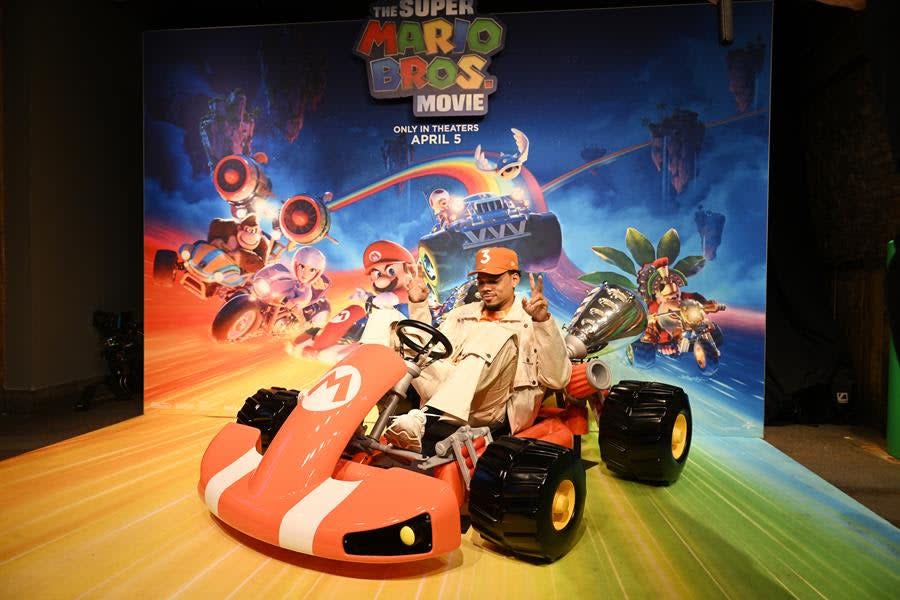 Number One fan Chance the Rapper zooms to Shake Shack as Nintendo, Illumination Entertainment and Universal Pictures present “The Super Mario Bros. Movie” Shake Shack Kickoff Event in Brooklyn. (Noam Galai/Getty Images for Nintendo, Illumination Entertainment, and Universal Pictures)