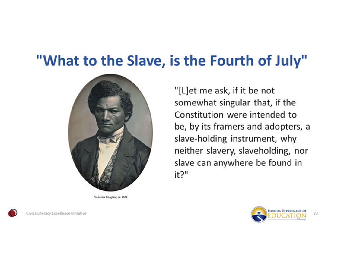 This is one of the slides shown during the Florida Department of Education’s training series for civics and government teachers.