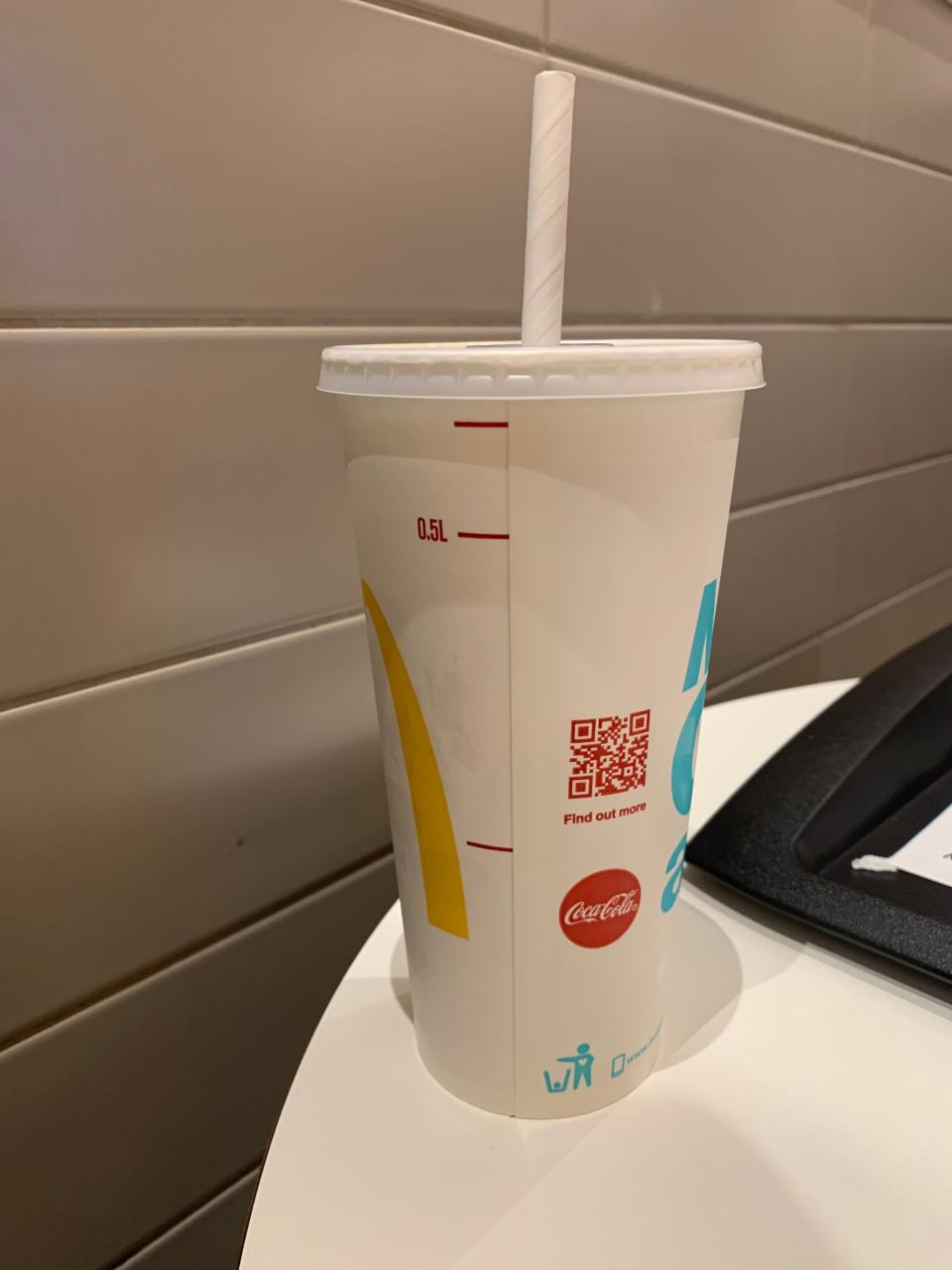 A large drink ordered at a McDonald's restaurant in London, UK.