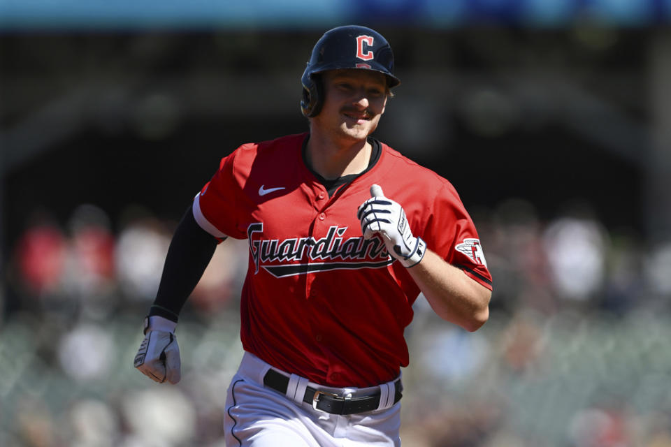 Cleveland Guardians’ Kyle Manzardo runs the bases after hitting a solo home run during the first inning of a baseball game against the Minnesota Twins, Thursday, Sept. 19, 2024, in Cleveland. (AP Photo/Nick Cammett)