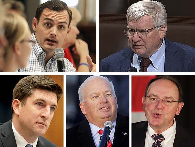 Top: Republican U.S. Reps. Mike Gallagher, left, and Glenn Grothman. Bottom: Republican U.S. Reps. Bryan Steil, left, Scott Fitzgerald, center, and Tom Tiffany.