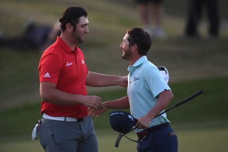 Jan 21, 2018; La Quinta, CA, USA; Andrew Landry (right) congratulates Jon Rahm (left) after the final round of the CareerBuilder Challenge golf tournament at PGA West TPC Stadium Course. Mandatory Credit: Joe Camporeale-USA TODAY Sports