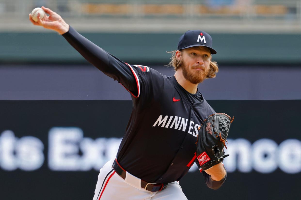 Minnesota Twins starting pitcher Bailey Ober throws to the Detroit Tigers in the first inning at Target Field on Saturday, April 20, 2024, in Minneapolis, Minnesota.