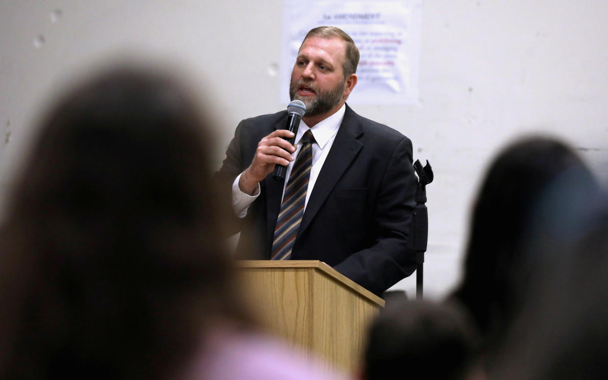 Libertarian activist Ammon Bundy speaks during an Easter Sunday church service he organized despite concerns over coronavirus disease (COVID-19) in Emmett, Idaho, U.S. April 12, 2020. (Jim Urquhart/Reuters)