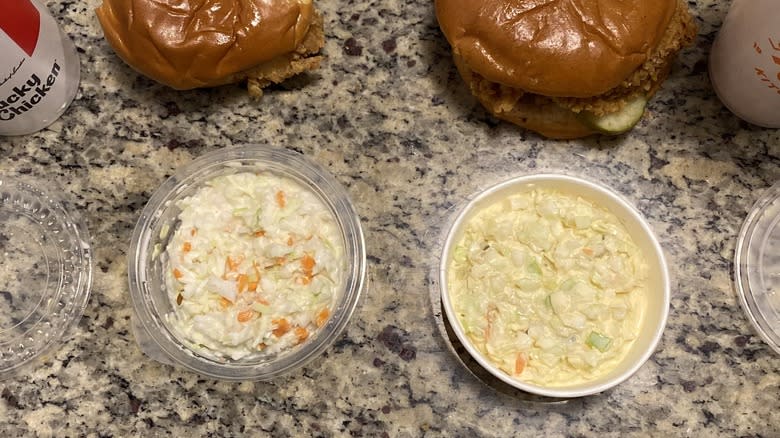 Cole slaw displayed by sandwiches