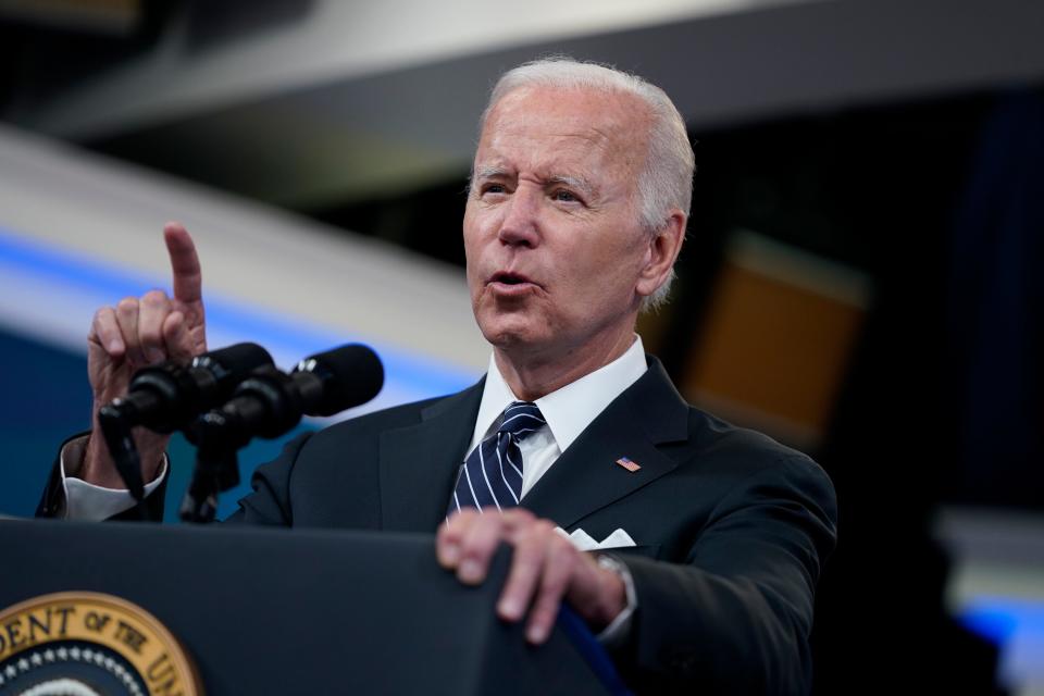 President Joe Biden speaks about gas prices in the South Court Auditorium on the White House campus, Wednesday, June 22, 2022, in Washington. (AP Photo/Evan Vucci) ORG XMIT: DCEV335