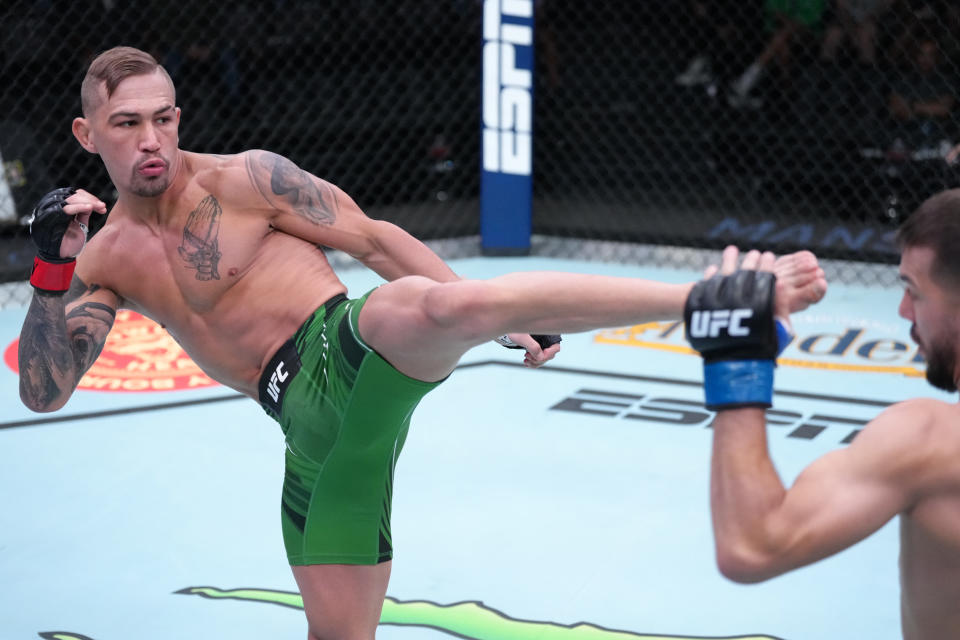 LAS VEGAS, NEVADA – JUNE 25: (L-R) JP Buys of South Africa battles Cody Durden in a flyweight fight during the UFC Fight Night event at UFC APEX on June 25, 2022 in Las Vegas, Nevada. (Photo by Jeff Bottari/Zuffa LLC)