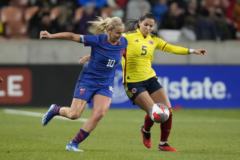 Colombia midfielder Lorena Bedoya (5) defends against U.S. midfielder Lindsey Horan (10) during the first half of an international friendly soccer match Thursday, Oct. 26, 2023, in Sandy, Utah. (AP Photo/Rick Bowmer)