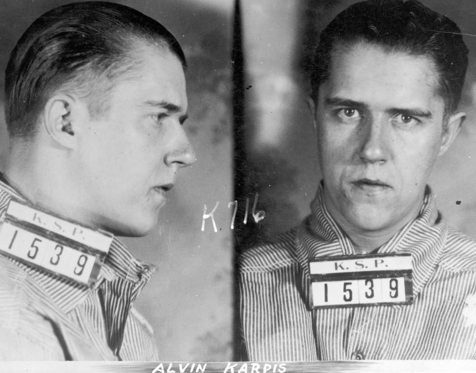 Mugshot of Alvin Karpis, member of the Barker-Karpis gang and responsible for bank robberies, kidnapping, burglary, auto theft. Arrested in New Orleans on May 1, 1936 by Director Hoover and FBI agents. He was sent to Alcatraz and served 26 years.[Download]