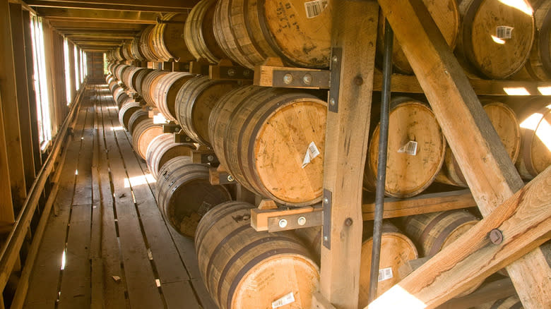 Whiskey barrels in barrelhouse 