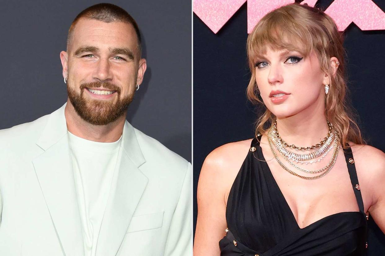 <p>JC Olivera/Getty; Taylor Hill/Getty</p> Travis Kelce; Taylor Swift