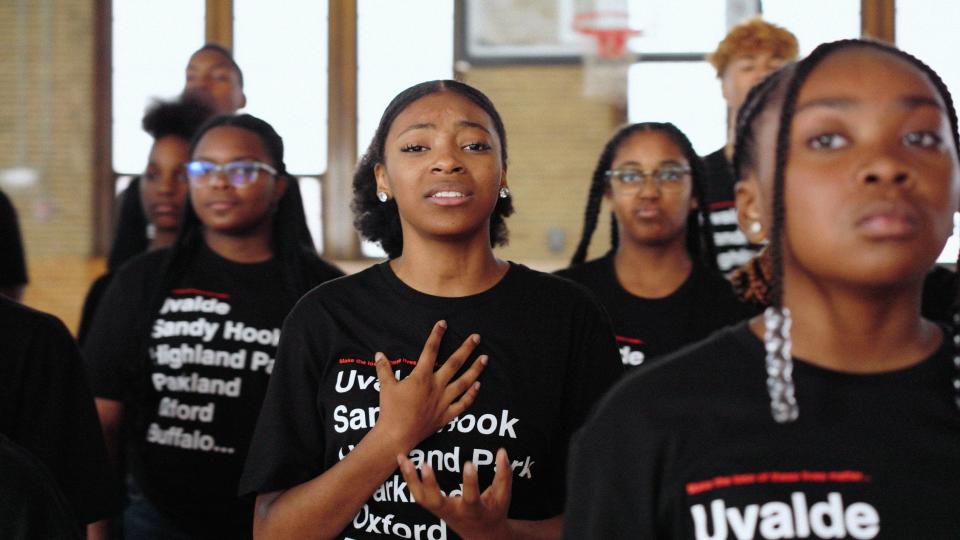 A scene from the video for the Detroit Youth Choir's recording of "Sweet Child o' Mine," which the group hopes draws attention to the need for solutions to gun violence and school shootings.