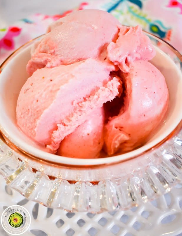 <p>This easy strawberry ice cream recipe is made up of a creamy, rich vanilla bean base with the addition of strawberries.</p><p><strong>Get the recipe: <a href="https://thetastytravelers.com/ninja-creami-strawberry-ice-cream/" rel="nofollow noopener" target="_blank" data-ylk="slk:Ninja Creami Strawberry Ice Cream;elm:context_link;itc:0;sec:content-canvas" class="link ">Ninja Creami Strawberry Ice Cream</a></strong></p>