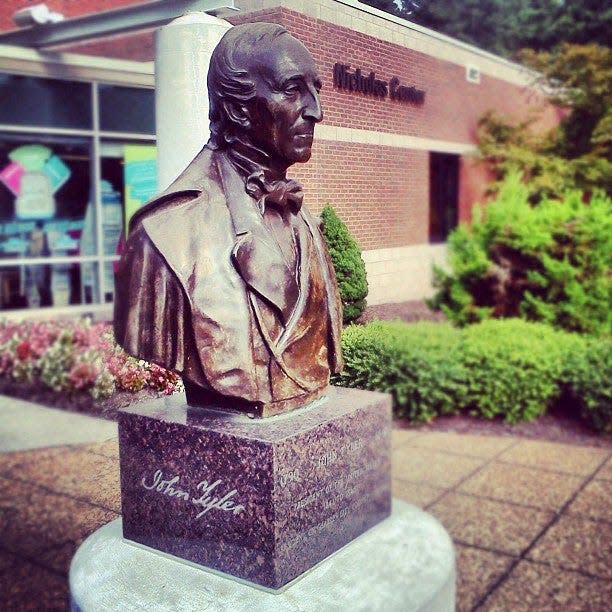 John Tyler bust outside Nicholas Center on the community college's Chester campus is shown in this undated photo.