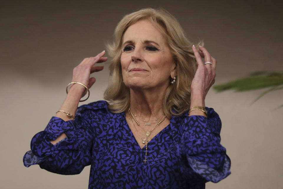 First Lady of the United States Jill Biden meets Kenyan women leaders at the U.S. ambassador's residence in Nairobi, Kenya, Friday, Feb. 24, 2023. (AP Photo/Brian Inganga)