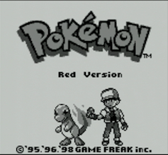 A black and white pixelated screen shows the Pokémon logo, with Ash Ketchum and Charmander standing beneath