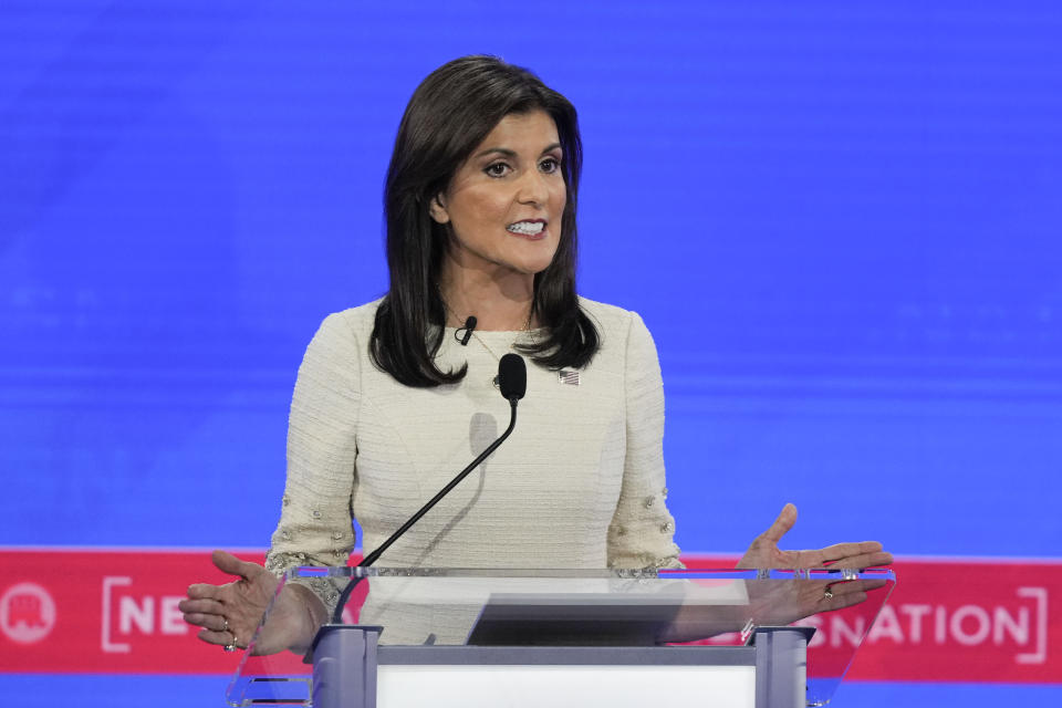 Republican presidential candidate former U.N. Ambassador Nikki Haley speaking during a Republican presidential primary debate hosted by NewsNation on Wednesday, Dec. 6, 2023, at the Moody Music Hall at the University of Alabama in Tuscaloosa, Ala. (AP Photo/Gerald Herbert)