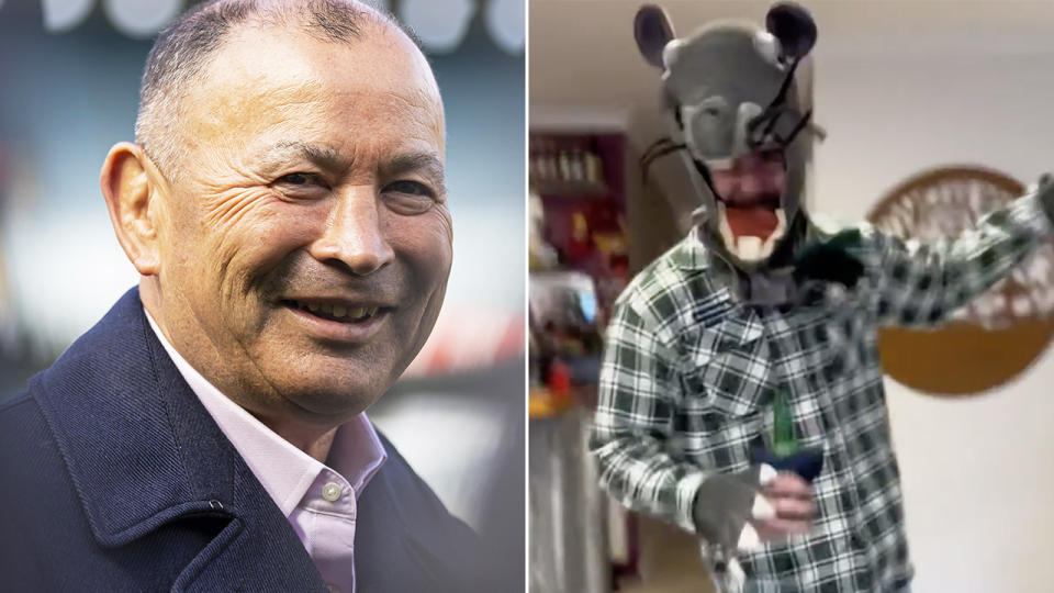 Eddie Jones is pictured left, with a Warringah Rats fan dressed as a rat pictured on the right.