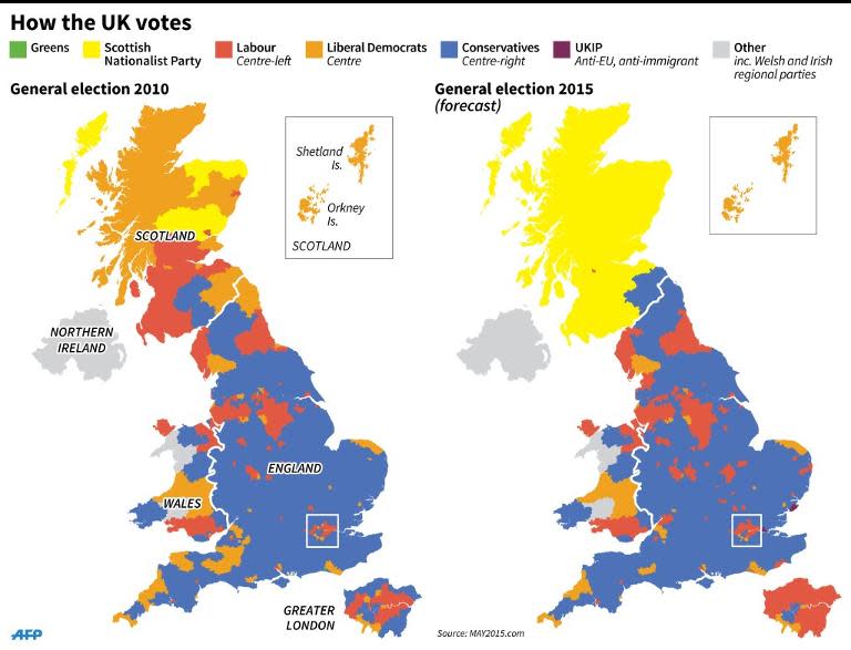 Map showing UK party representation in parliament after the 2010 election and the predicted outcome in 2015