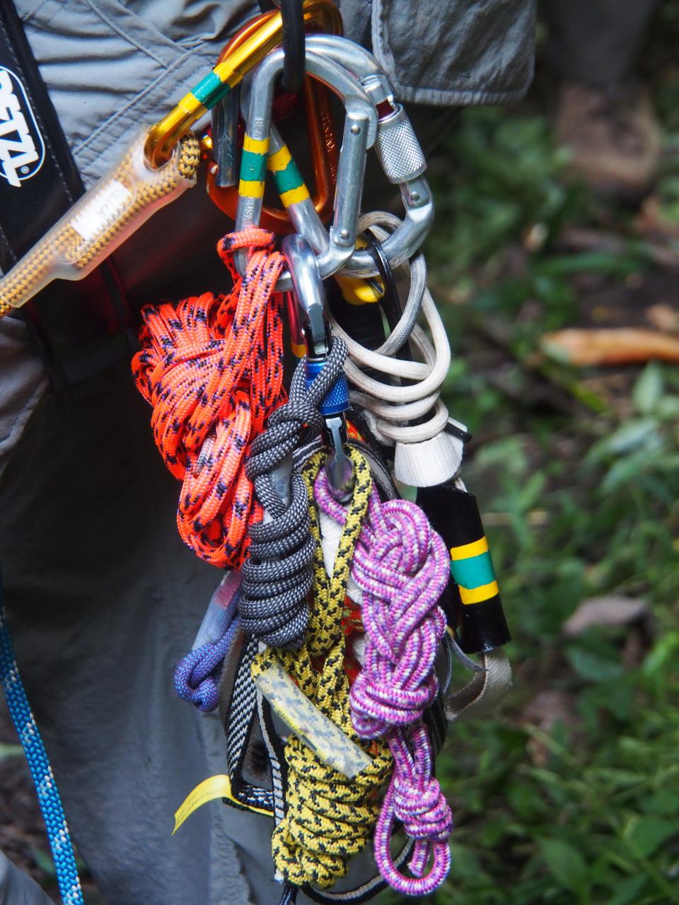 Search and rescue team members wear climbing harnesses bearing brightly colored bundles of rope slings and clusters of metal climbing devices on the side loops of their harnesses.