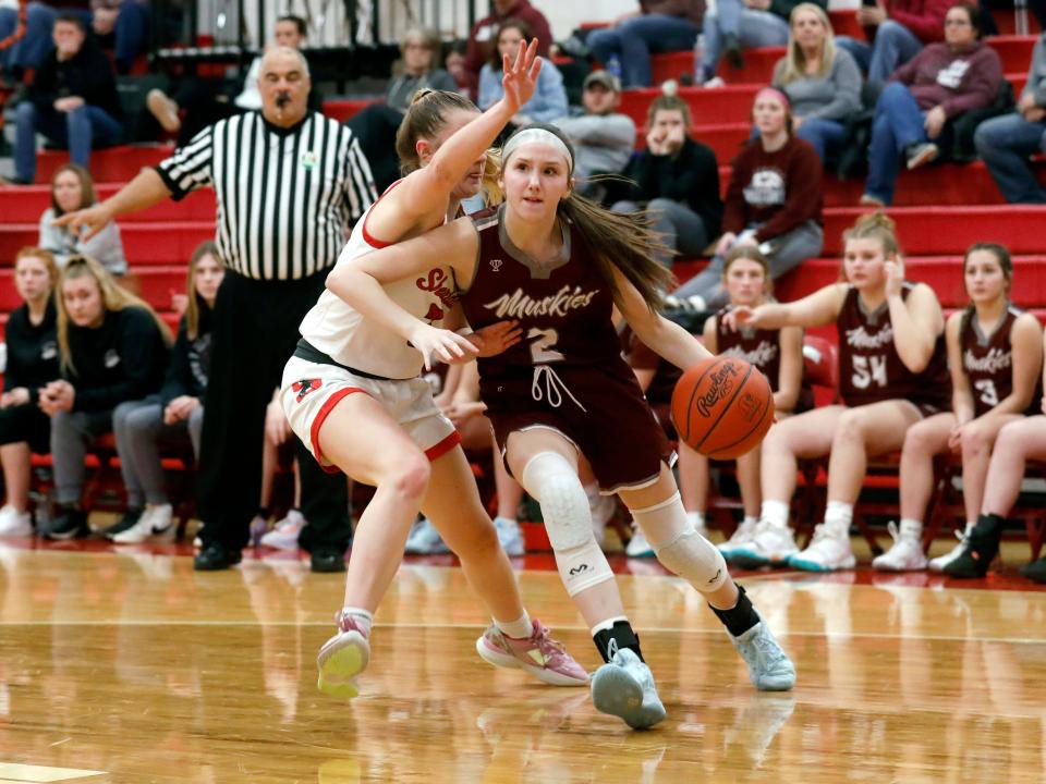 Mya Oliver drives the baseline on Ava Heller during John Glenn's 43-40 loss to host Sheridan last season. Oliver, and fellow juniors Riley Zamensky and Jessica Church, make the Muskies a contender in the MVL and a favorite to return to the regional tournament.