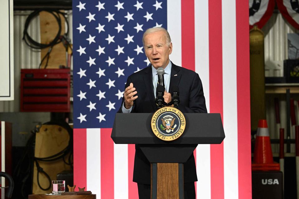 President Joe Biden speaks about the economy at the International Union of Operating Engineers Local 77 facility in Accokeek, Maryland, on Wednesday.