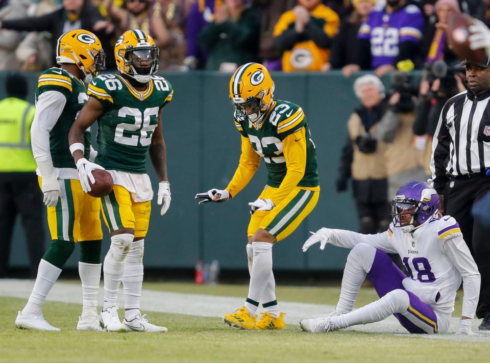 Green Bay Packers cornerback Jaire Alexander does The Griddy after breaking up a pass intended for Minnesota Vikings wide receiver Justin Jefferson (18) on Jan. 1 at Lambeau Field.