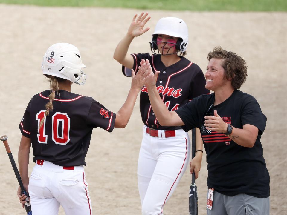 Spanish Fork celebrates a run against Bonneville in the 5A semifinal game at the Cottonwood Complex in Murray on Wednesday, May 24, 2023. | Laura Seitz, Deseret News