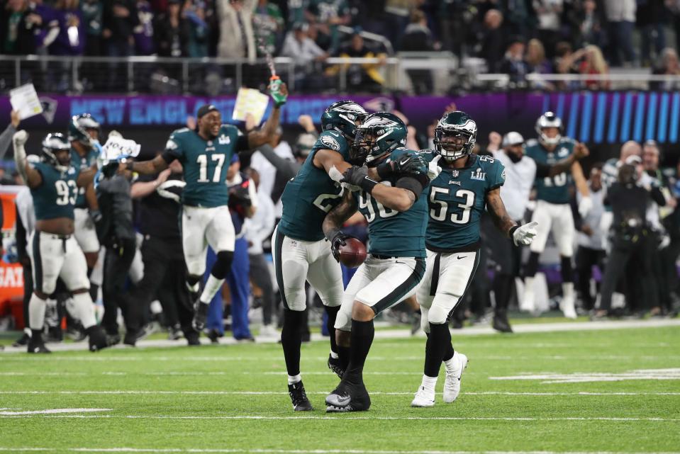 <p>Philadelphia Eagles’ Derek Barnett celebrates winning Super Bowl LII with team mates. REUTERS/Chris Wattie </p>