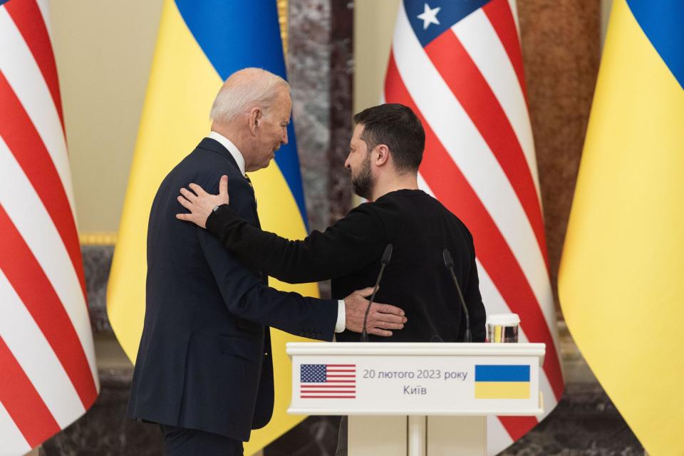 Kyiv, Ukraine. 20th February, 2023. Ukrainian President Volodymyr Zelensky holds press conference US President Joe Biden after their meeting at the Presidential Palace in Kyiv, Ukraine, on Monday Feb 20, 2023. Biden has arrived in Kiev for a surprise visit as the first anniversary of Russia's full invasion of the country approaches. (Ukraine Presidential Press Office handout via EYEPRESS) Photo via Credit: Newscom/Alamy Live News