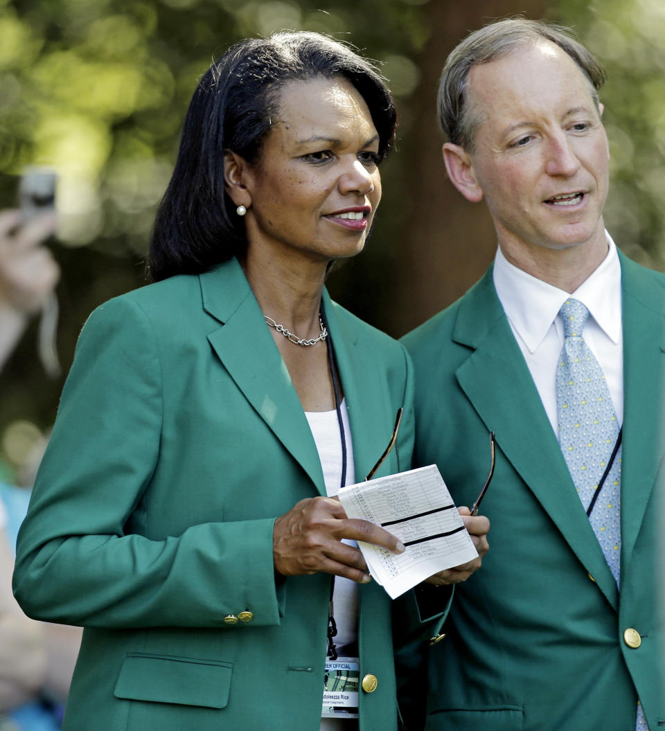 FILE - Former Secretary of State Condoleezza Rice watches the par three competition before the Masters golf tournament Wednesday, April 10, 2013, in Augusta, Ga. Rice was among the first women to join Augusta National Golf Club. (AP Photo/David J. Phillip, File)