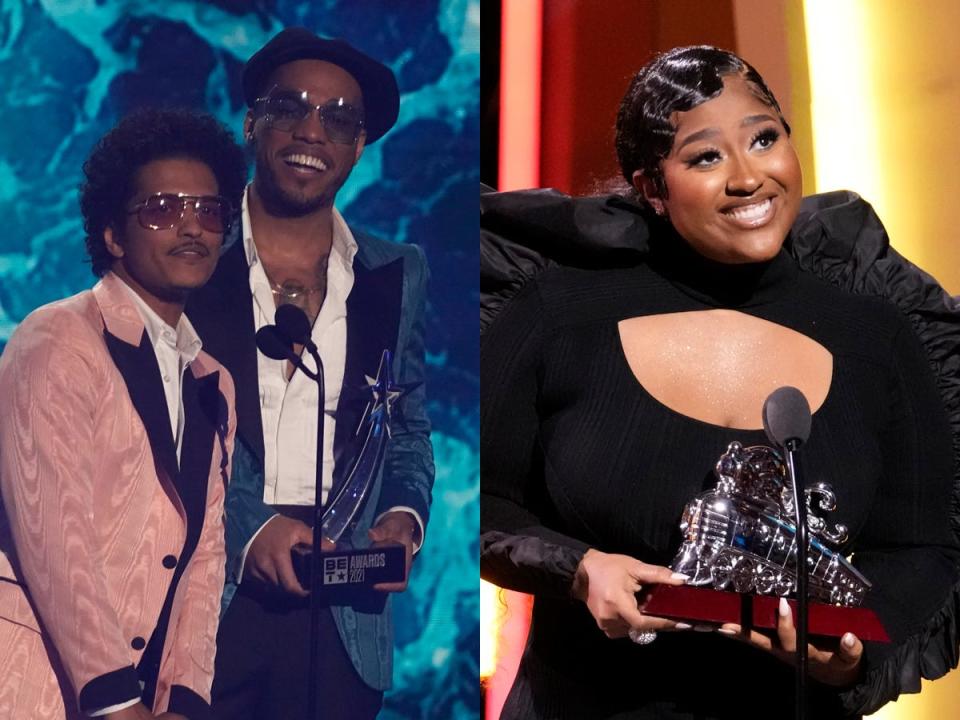 On the left: Bruno Mars and Anderson .Paak of Silk Sonic in June 2021. On the right: Jazmine Sullivan in November 2021.