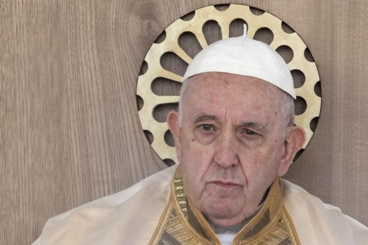 Pope Francis celebrates mass on the occasion of the 27th national Eucharistic congress, in Matera, southern Italy, Sunday, Sept. 25, 2022.