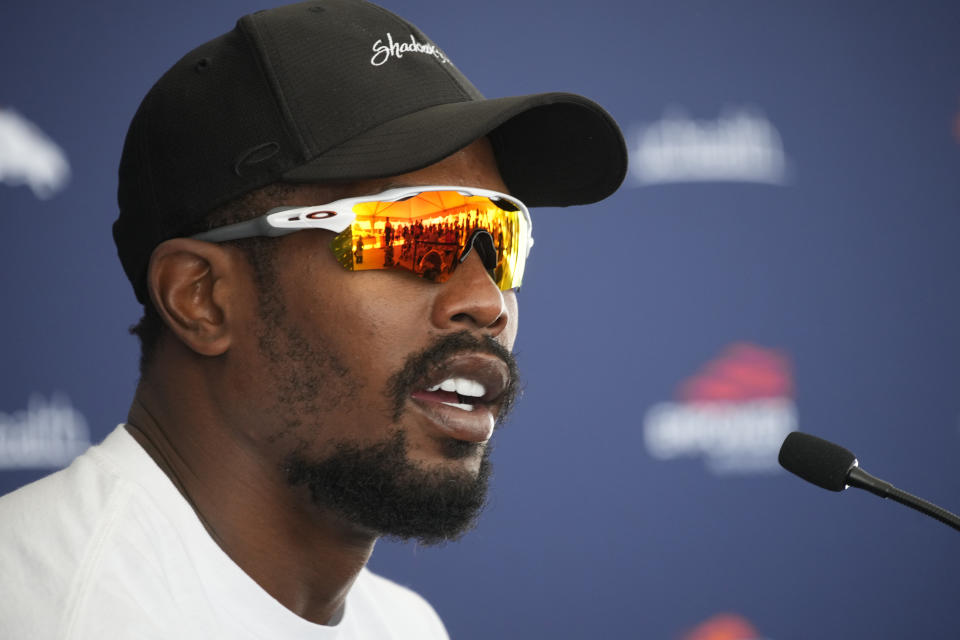 Denver Broncos linebacker Von Miller talks to reporters Tuesday, July 27, 2021, in Englewood, Colo., before the NFL football team's training camp. (AP Photo/David Zalubowski)