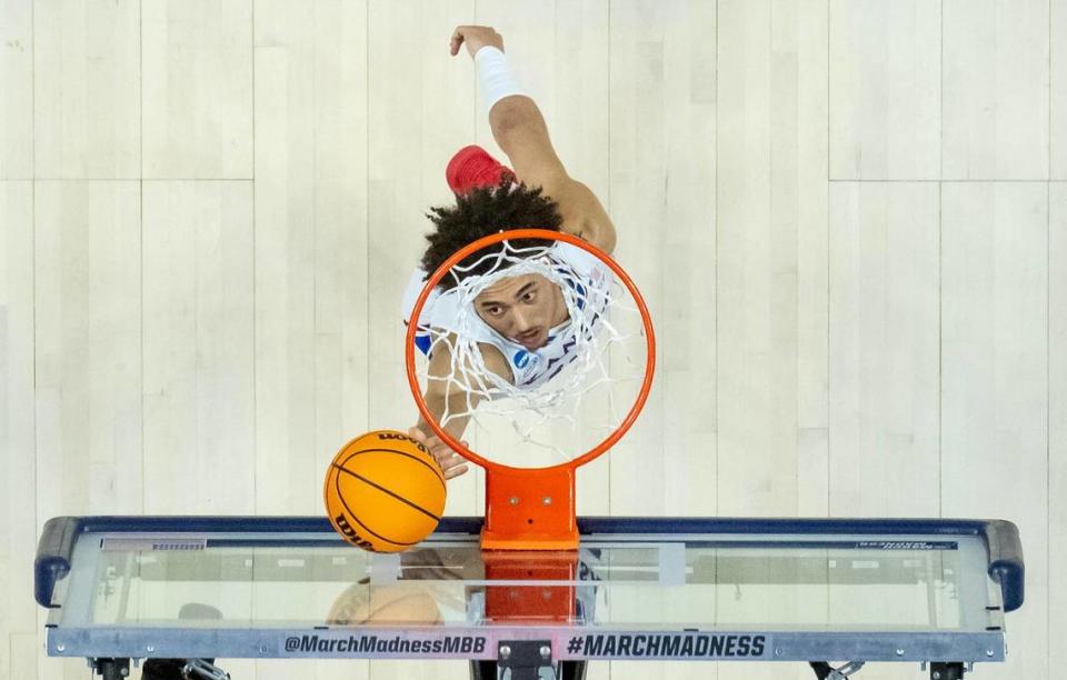 Kansas forward Jalen Wilson (10) shoots a layup against Howard during a first-round college basketball game in the NCAA Tournament Thursday, March 16, 2023, in Des Moines, Iowa.