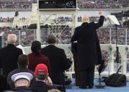 <p>President Donald Trump gestures after his speech, on Capitol Hill in Washington, Friday, Jan. 20, 2017, during the presidential inauguration. (Photo: Paul Loeb/Pool Photo via AP) </p>