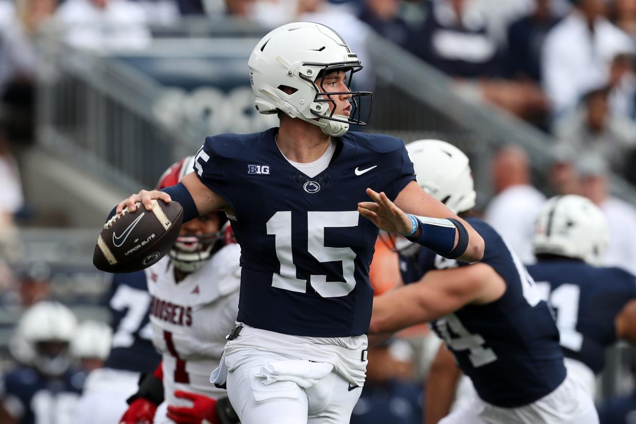 Oct 28, 2023; University Park, Pennsylvania, USA; Penn State Nittany Lions quarterback Drew Allar (15) throws a pass during the first quarter against the Indiana Hoosiers at Beaver Stadium.