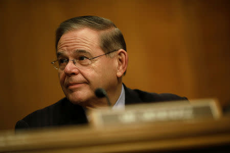 FILE PHOTO: Sen. Bob Menendez (D-NJ) looks on during a Senate Banking Committee hearing on Capitol Hill in Washington, U.S. January 23, 2018. REUTERS/Aaron P. Bernstein/File Photo