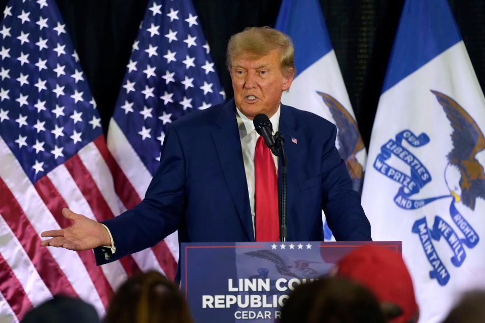 Former President Donald Trump speaks to campaign volunteers in Cedar Rapids, Iowa, on July 18, 2023.