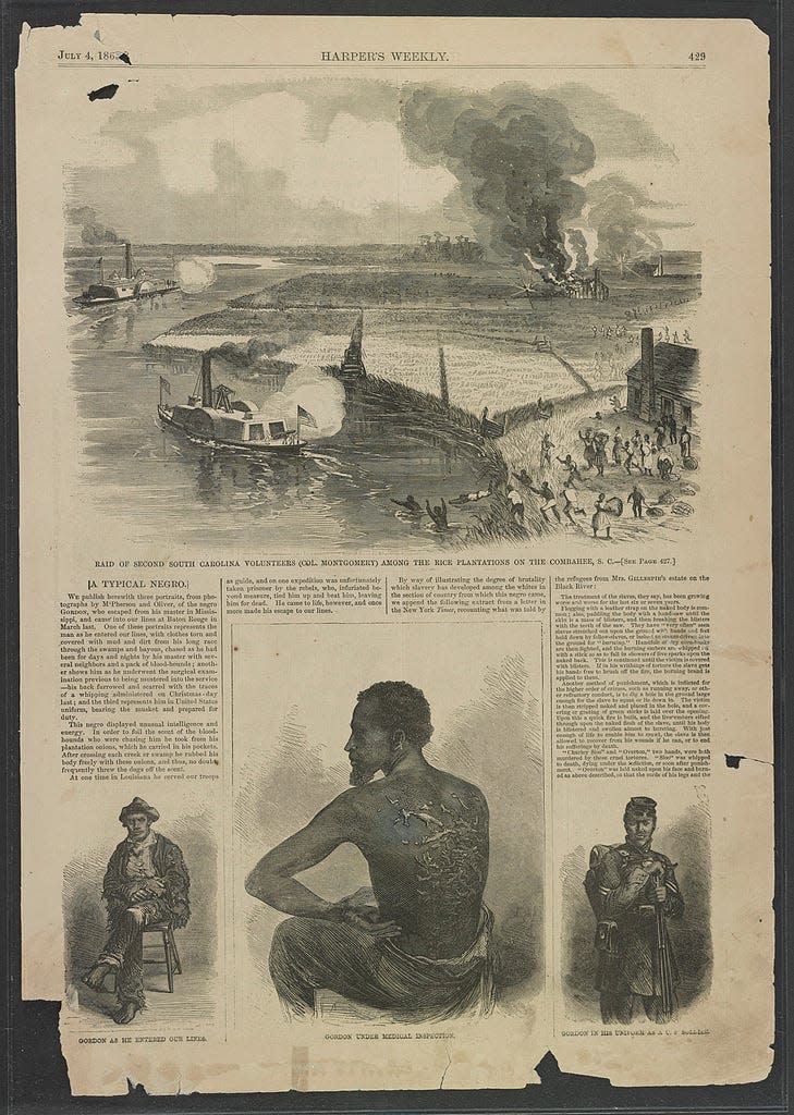 The newspaper page of Harper's Weekly featuring photos of Gordon published in 1863.