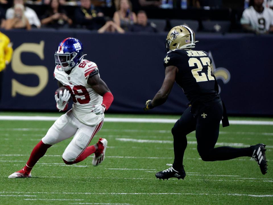 Kadarius Toney makes a play against the New Orleans Saints.