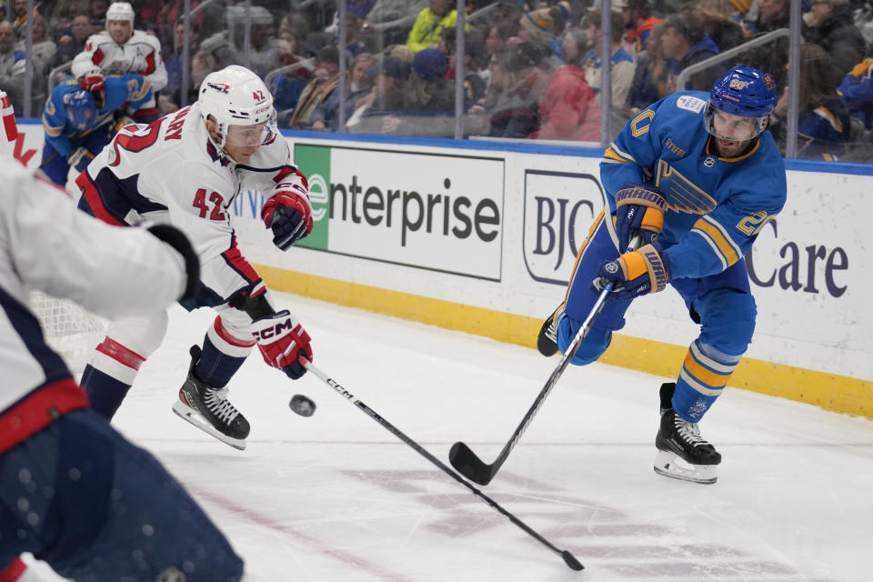 St. Louis Blues' Brandon Saad, right, passes around Washington Capitals' Martin Fehervary (42) during the second period of an NHL hockey game Saturday, Jan. 20, 2024, in St. Louis. (AP Photo/Jeff Roberson)