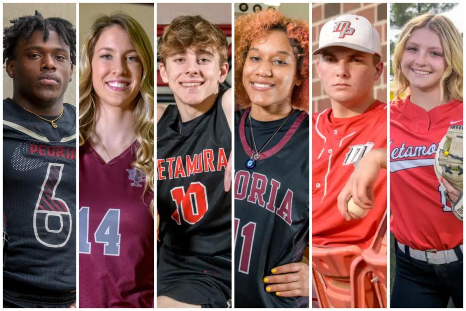 Here are six of the 19 Journal Star players of the year selected for the 2022-23 school year. From left are Malachi Washington of Peoria High (football), Kenna Wollard of Illinois Valley Central (volleyball), Tyler Mason of Metamora (boys basketball), Aaliyah Guyton of Peoria High (girls basketball), Tate Roley of Morton (baseball) and Kaidance Till of Metamora (softball).