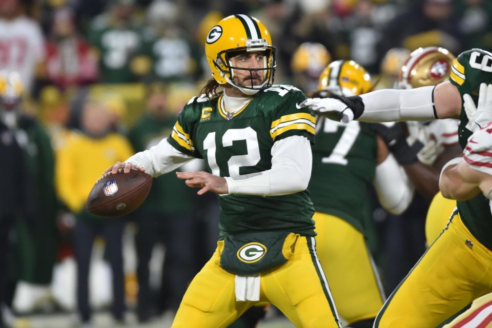 Green Bay Packers quarterback Aaron Rodgers in action against the San Francisco 49ers during a NFC Divisional playoff game at Lambeau Field.