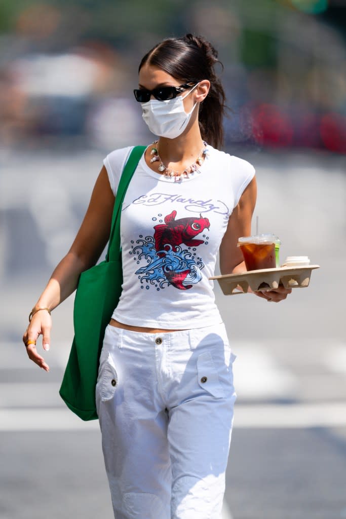 Hadid set the Ed Hardy reboot in motion in 2021, styling in the label while on a coffee run in NYC. TheImageDirect.com