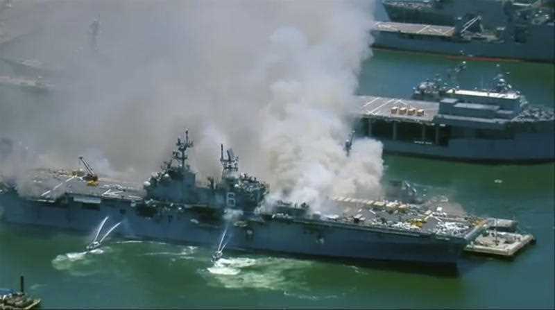 This screenshot provided by KGTV-TV in San Diego shows the USS Bonhomme Richard at Naval Base San Diego.